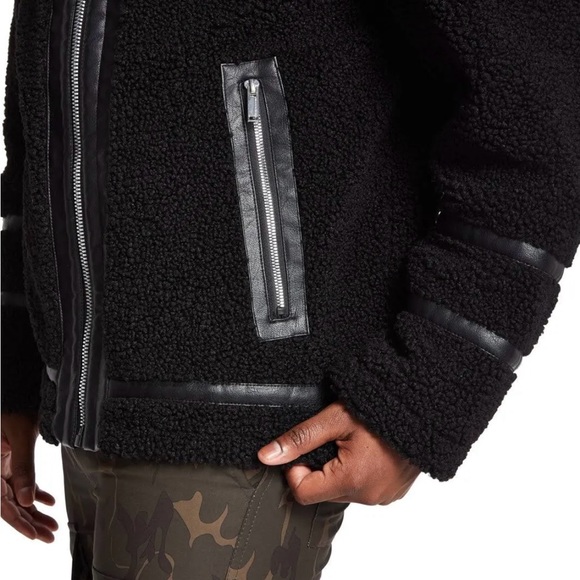 Karl Lagerfeld Paris Men Black Faux Shearling Aviator Jacket - Picture 5 of 13